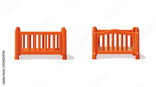 Two Orange Wooden Cribs for Baby or Toddler with Simple Wooden Slats and White Background in a Studio