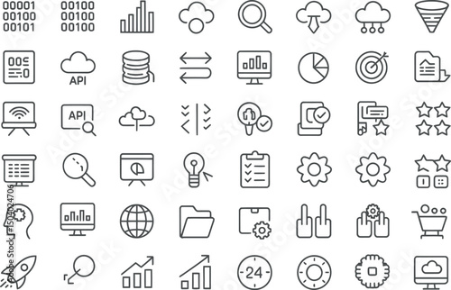 Collection of modern line icons representing data analysis and technological concepts