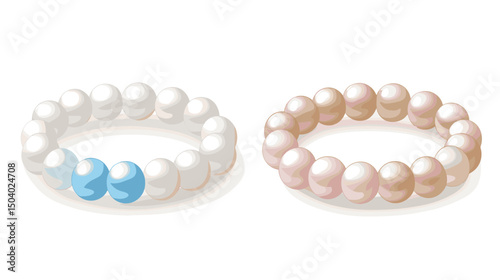 Two Pearl Beaded Bracelets Featuring Round White Blue and Soft Pink Hues on White Background
