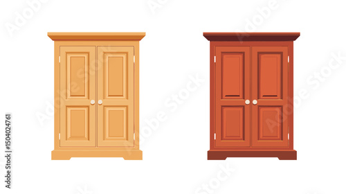 Two Wooden Wardrobes with Double Doors in Light Brown and Dark Brown for Interior Design and Storage