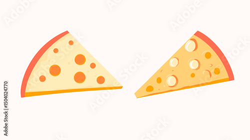 Two Triangular Cheese Slices with Yellow Hue and Hole Patterns in a Flat Vector Style Food Illustration on White Background