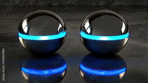 Two metallic spheres with glowing blue light accents. photo