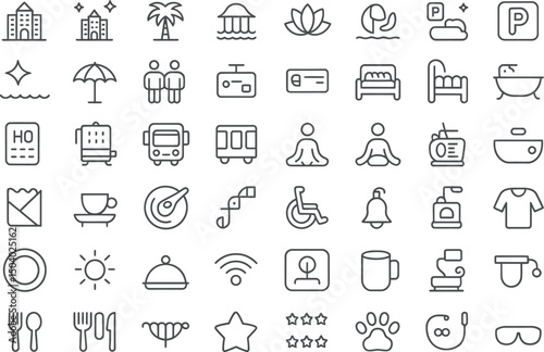 Collection of outline icon illustrations representing travel destinations and leisure activities