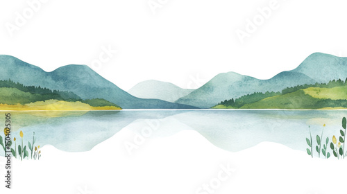 Serene lake surrounded by gentle hills and lush greenery, reflecting calmness of nature. soft colors evoke tranquility