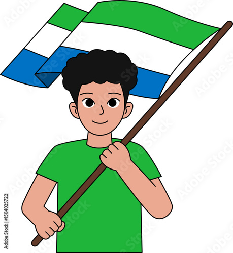 A young man dressed in green is holding the Sierra Leone flag - outline