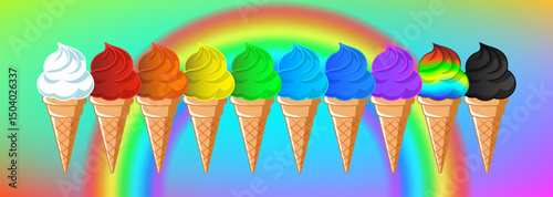 Vector collection of colorful rainbow iridescent cartoon ice cream cones. Set of toon summer cold sweet treat. Black and white light delicates
