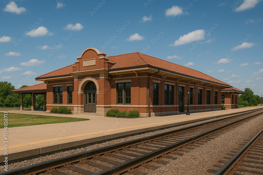 Obraz premium Historic brick train station with red tiled roof and platform under bright blue sky with fluffy clouds