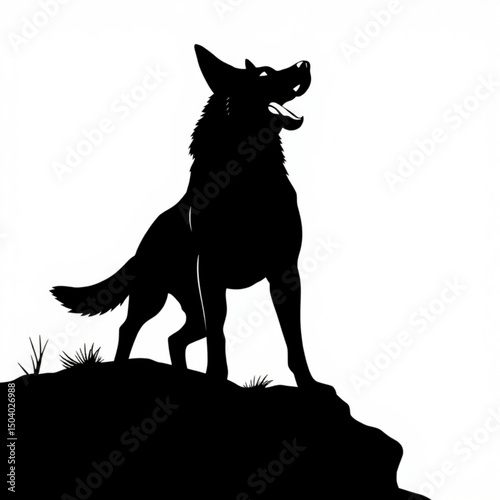 Silhouette of a wolf standing on a hill with its mouth open and head tilted upward howling at the sky created with generated ai