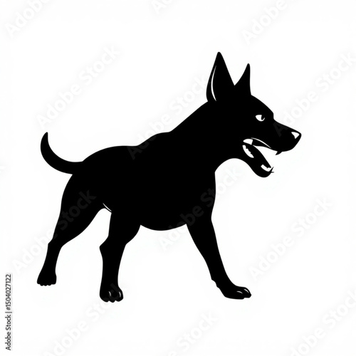 Silhouette of an angry dog with its mouth open and teeth bared standing on a white background image created with generated ai