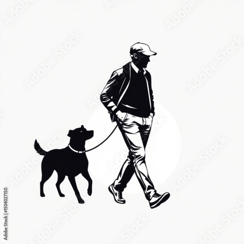 Silhouette of a man in a jacket and cap walking a dog on a leash in black and white style art created with generated ai