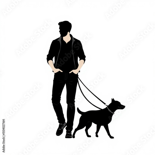 A silhouette of a man walking a dog on a leash with his hands in his pockets on a white background created with generated ai
