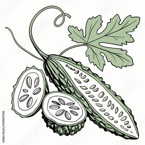 Realistic full-body vector illustration of a bitter gourd, perfect for healthy food or botanical design projects.