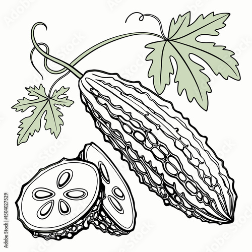 Realistic full-body vector illustration of a bitter gourd, perfect for healthy food or botanical design projects.