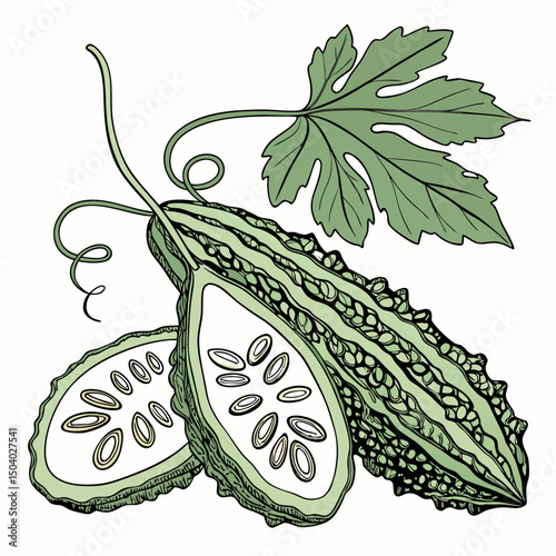 Realistic full-body vector illustration of a bitter gourd, perfect for healthy food or botanical design projects.