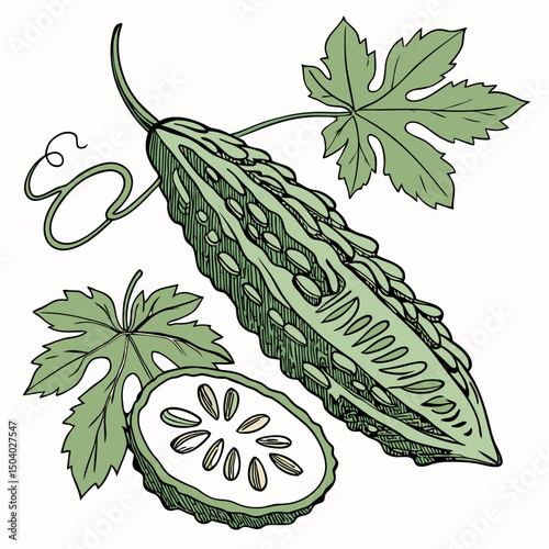 Realistic full-body vector illustration of a bitter gourd, perfect for healthy food or botanical design projects.