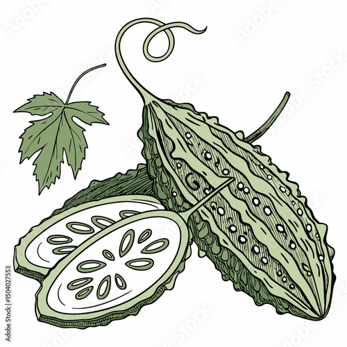 Realistic full-body vector illustration of a bitter gourd, perfect for healthy food or botanical design projects.