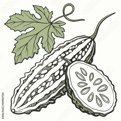 Realistic full-body vector illustration of a bitter gourd, perfect for healthy food or botanical design projects.