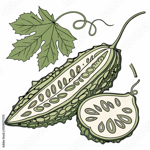 Realistic full-body vector illustration of a bitter gourd, perfect for healthy food or botanical design projects.