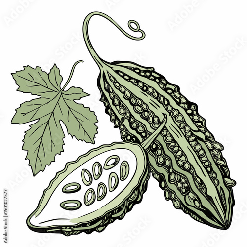 Realistic full-body vector illustration of a bitter gourd, perfect for healthy food or botanical design projects.