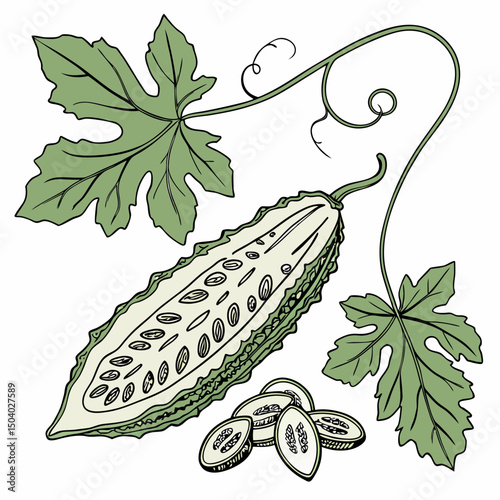 Realistic full-body vector illustration of a bitter gourd, perfect for healthy food or botanical design projects.