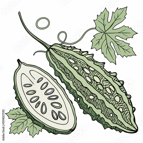 Realistic full-body vector illustration of a bitter gourd, perfect for healthy food or botanical design projects.