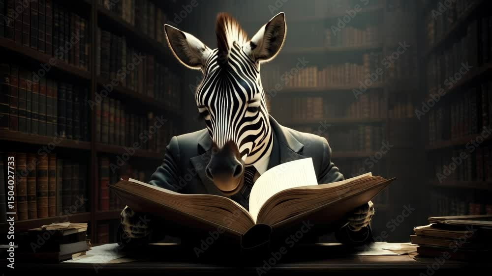 Zebra in a suit reading a book in a dimly lit library filled with shelves of old books Zebra in a suit reading a book in a dimly lit library filled with shelves of old books