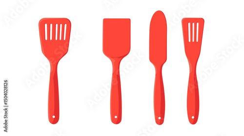 Collection of Red Plastic Kitchen Spatulas for Cooking Isolated on White