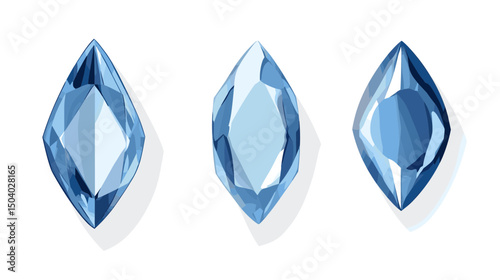 Collection of Three Blue Diamond Gems with Different Facets on a White Background and Clean Lighting