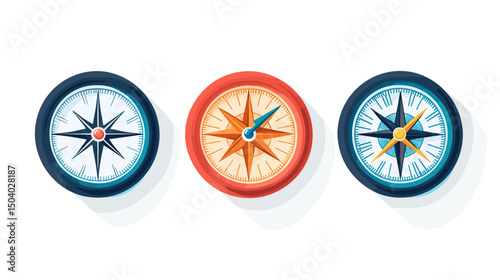 Collection of Three Circular Compasses in Blue Orange Colors Offering Directional Guidance on White Background