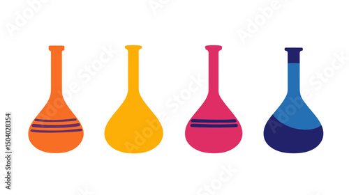Colorful Vases Collection in Orange Yellow Red and Blue Decorative Vessels with Pattern Minimalist Design on White Background