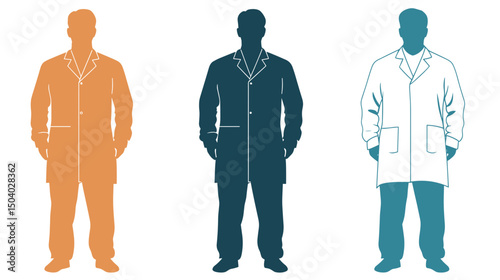 Colorful Silhouette of a Male Figure Wearing Protective Lab Coats in Orange Blue and White Isolated on White Background