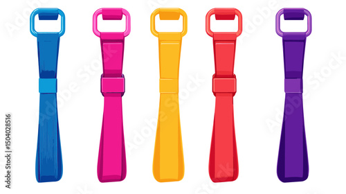 Five Colorful Bottle Openers Arranged Vertically on White Background for Abstract Graphic Design and Art Presentation