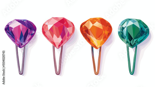 Four Colorful Gemstone Hair Clips in Purple Pink Orange and Green on White Background Showcasing Modern Style and Elegant Design with Shiny Texture