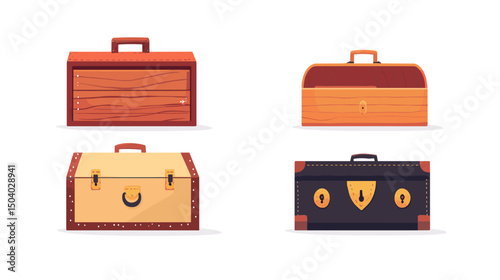 Four Detailed Pixel Art Style Antique Wooden Chests Isolated on White Background in Assorted Colors and Classic Designs