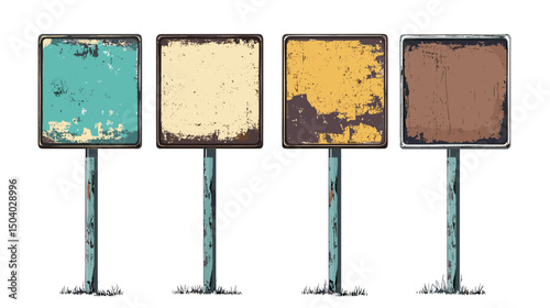 Four Distressed Square Pixel Art Signs Weathered on White Background