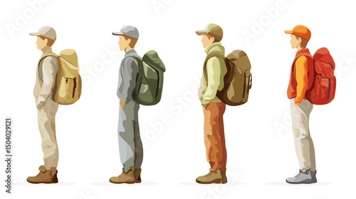 Four Men With Backpacks Ready For a Hiking Adventure on a White Background in Pixel Art Style