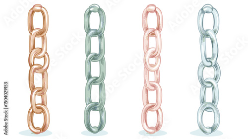 Four Metallic Chains in Bronze Green Pink and Silver Tones on White Background Representing Strength and Connection