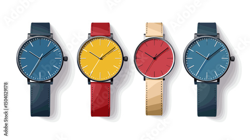 Four Modern Wristwatches with Colorful Faces and Straps Isolated on White Background