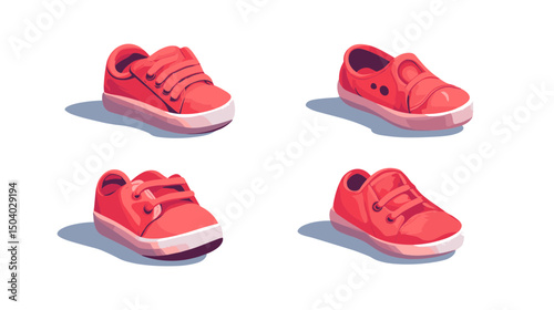 Four Pairs of Red Pixel Art Shoes for Toddlers and Children with Laces and Straps on a White Background