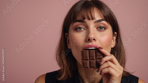 Modern woman with makeup and short bangs biting chocolate bar on pink background. World Chocolate Day concept photo
