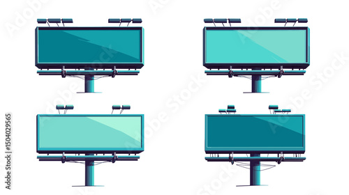 Four Turquoise Pixelated Billboards with Metal Frames and Supports on White Background for Roadside Advertising