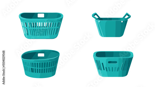 Four Turquoise Plastic Laundry Baskets of Varying Designs on a White Background