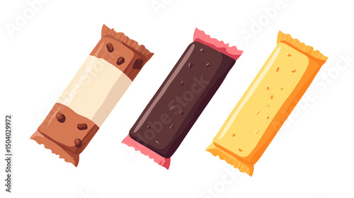 Isolated Pixel Art Assortment of Snack Bars with Brown Chocolate and Yellow Wrapper on White Background