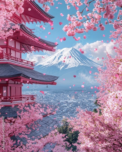 Stunning view of mount fuji from a japanese pagoda surrounded by cherry blossoms