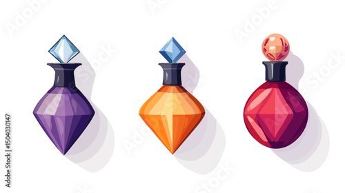Isometric Pixel Art of Three Potions in Purple Orange and Red with Geometric Stopper on a White Background