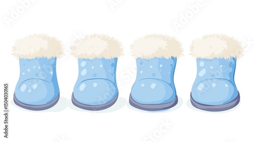 Isometric Pixel Art Winter Boot Set with Blue Color and Furry Trim on White Background