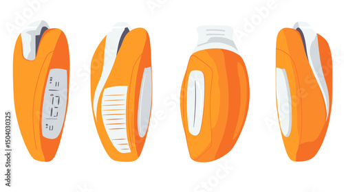 Orange and White Medical Inhaler Device for Asthma Relief with Small Dosage Meter Displayed in Multiple Angles on a White Background