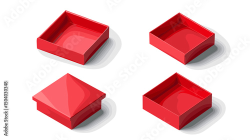 Open Red Boxes on White Background with Isometric View and 3D Rendering