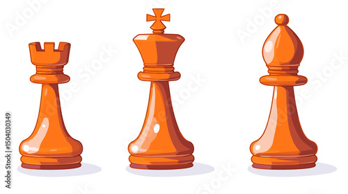 Orange Chess Pieces Rook King and Bishop Game Strategy on White Background