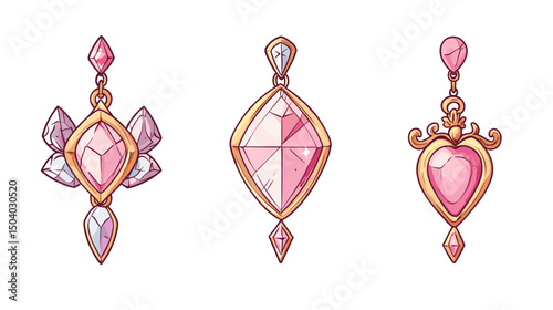 Pink Gemstone Golden Vintage Fashion Earrings Pixel Art Style Set for Fashion Jewelry Design
